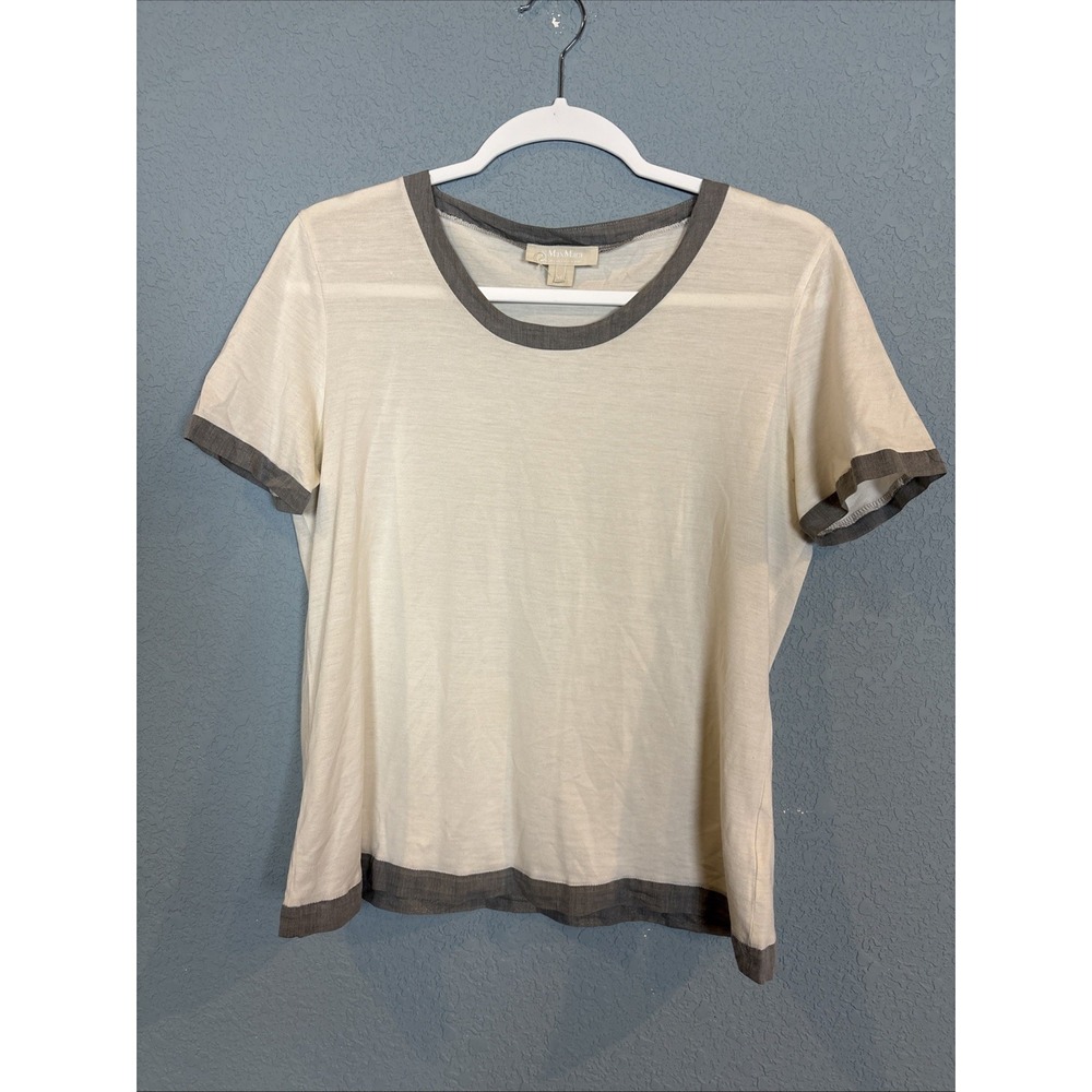 Max Mara Silk Cotton Ringer T Shirt Womens XL White Gray Trim Quiet Luxury